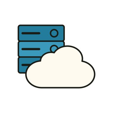 Modern teknoloji tasarımında veritabanı sunucu kulesi ve düz bulut sembolü ile bulut hesaplama kavramı