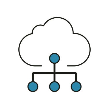 Alt düğümlere dallanma bağlantılarını gösteren minimalist bulut simgesi, bulut hizmetlerini veya veri akışı yönetimini sembolize eder