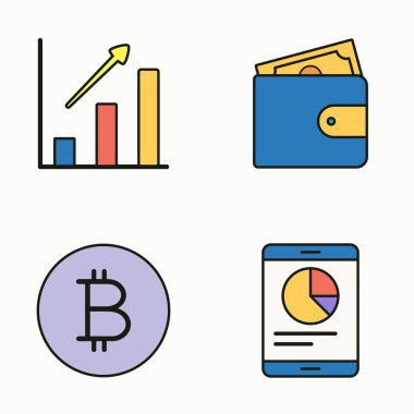 Yatırım, şifreleme, dijital cüzdan ve mobil veri takibi için renkli finansal ve fintech simgeleri