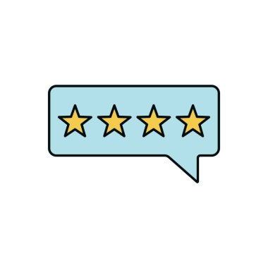 Beyaz arkaplanda tatmin edici kullanıcı derecesini temsil eden dört altın yıldızlı minimal inceleme balonu