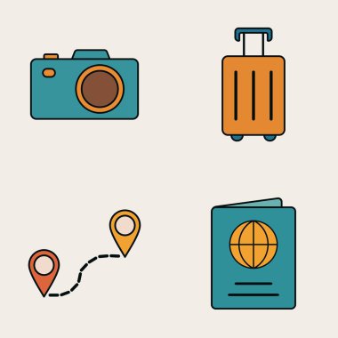 Düz Stil Tatil Simgeleri: Teal, Orange ve Kırmızı Işıklı Seyahat Gezi Teçhizatı ve Işık Arkaplanı Üzerinde Gezinti Elementleri