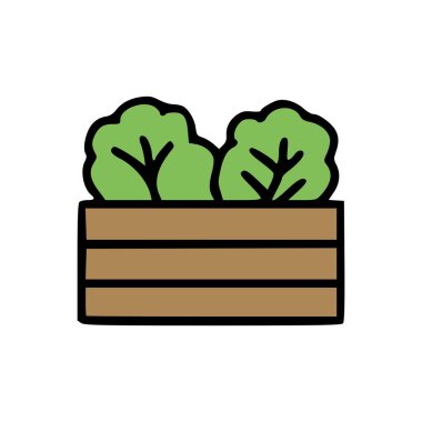 Bahçe ve Tarım Teması İçin Basit Kahverengi Ahşap Kapta Organik Kabarık Bitkilerin İllüstrasyonu