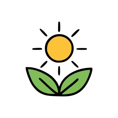 Radyasyon Işınları ve Yeşil Yapraklı Basit Renkli Sarı Güneş Simgesi Organik ve Taze Atmosfer Gösteriyor