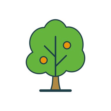 Minimalist Çizgi Film Tarzı İki Portakal Meyvesi ve Kalın Yeşil Yaprak Örtüsü