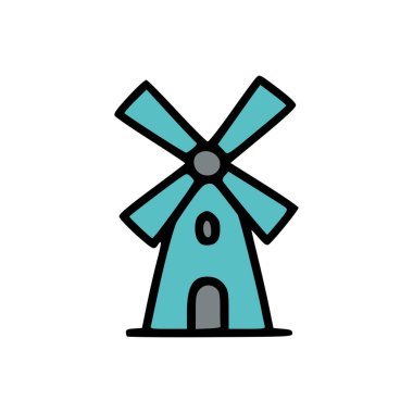 Yeşil enerji, eko köyü ve tarım projeleri için basit mavi yel değirmeni çizimi