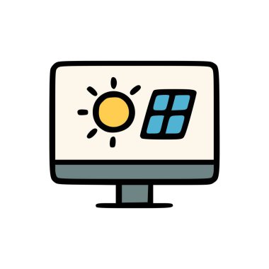 Yenilenebilir Enerji Teknolojisini Temsil Eden Sarı Güneş ve Mavi Güneş Paneli Simgeleri ile Dijital Görünüm