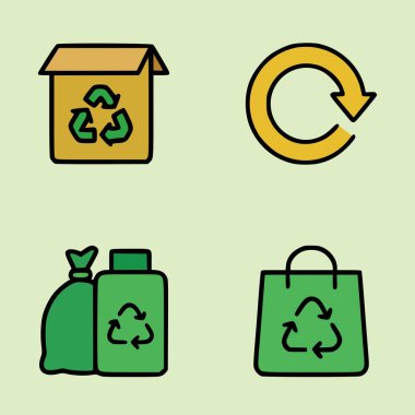 Çevre dostu simgeler çizgi film tarzında yeşil ambalaj, geri dönüşüm logosu ve sarı dönüş okunu gösterir