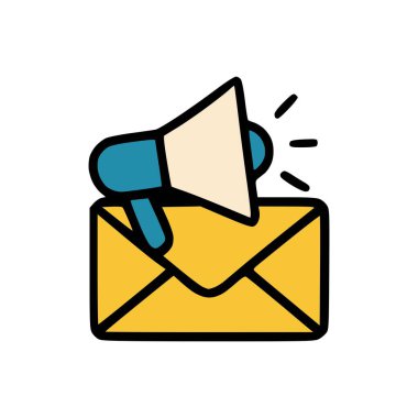 İleti iletisi uyarısı veya pazarlama iletişimini gösteren hoparlör simgesiyle açık postanın düz tasarımı