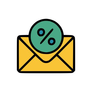Genel olarak promosyon e-posta kampanyalarında indirim bildirimlerinde kullanılan yüzde yeşil bir sembol gösteren zarf grafiği