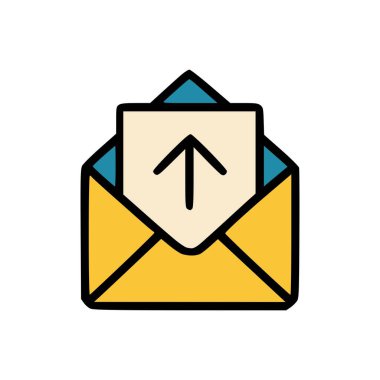 Yukarıya dönük belgeye sahip açık zarfın simgesi e- posta göndermeyi ya da giden iletişim eylemini simgeler