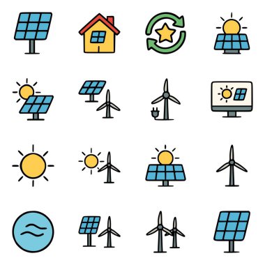 Temiz enerji simgeleri güneş ışığı, rüzgar enerjisi, güneş teknolojisi, yeşil ev ve yenilenebilir enerji verimliliği grafikleriyle doludur.