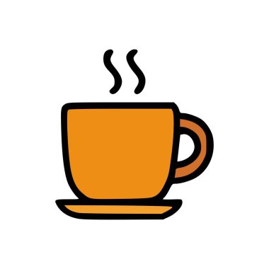 Sıcak çay ya da kahve bardağının yükselen buharlı çizgi film tarzı vektörü, portakal seramik bardak, modern yiyecek ve içecek sembolü