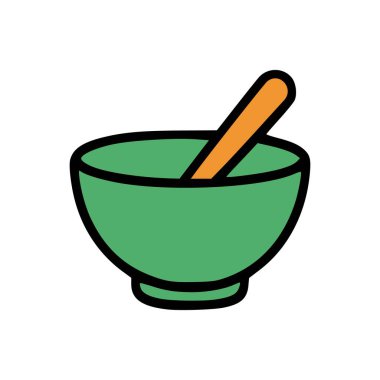 Turuncu Karıştırma Kaşığıyla Yeşil Yemek Kasesi Düz Simgesi, Siyah Sınır, Temiz Arkaplan