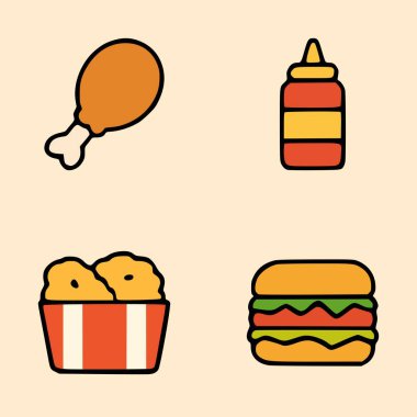 Çıtır tavuk ve hamburger karışımı, yanında da soslu tatlı el yapımı karalama vektör stili.