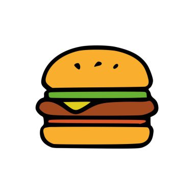 Beyaz arka planda etli, sebzeli ve susamlı hamburgerli renkli simge