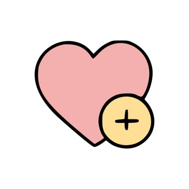 Pastel renkler, kalp ve artı oyuncu çizgi film vektör sanat tarzında ekleme düğmesi olan aşk sembolü