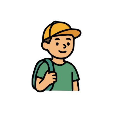 Yeşil sırt çantalı, sarı şapkalı, yeşil tişörtlü, şirin düz vektör çizgi film karakteri tarzı bir çocuk.