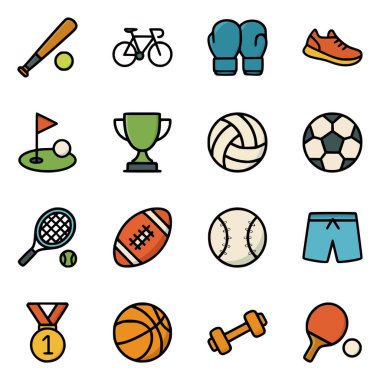 Dambıl, voleybol, şort, beyzbol sopası ve temiz düz dizaynlı koşu ayakkabıları da dahil olmak üzere atletizm teçhizatı.