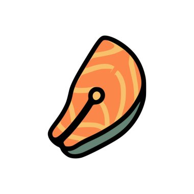 Kalın siyah çizgili vektör somon fileto karikatürü. Düz renkli turuncu deniz ürünleri dilimi.