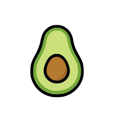 Çizgi film avokado yarısı tohum, düz yeşil meyve illüstrasyon beyaz arka plan vektörü üzerinde koyu siyah ana hatlı