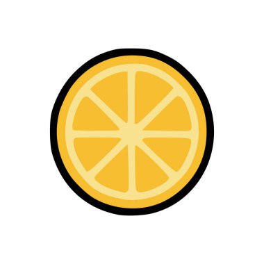 Yuvarlak turuncu meyve dilimi vektörü, basit çizgi film tarzında, simetrik segmentlerle ve koyu siyah kenarlıklı.