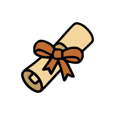 Akademik sertifikanın düz simgesi düzgünce sarılmış ve kurdele ile bağlanmış, onur ve derecenin sembolü.