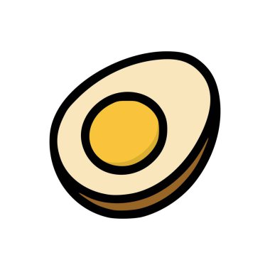 Düz dizaynlı, yarı haşlanmış yumurta ikonu, siyah dış görünüş, sıcak renkler, ve beyaz üzerinde izole edilmiş minimum stil.
