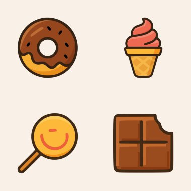 Donut, koni dondurma, lolipop ve çikolata gibi lezzetli şekerli atıştırmalıkların renkli vektör koleksiyonu