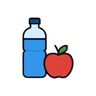 Mavi su şişesi ve kırmızı elmanın düz tasarımı temiz yeme, su alma ve dengeli yaşam tarzını sembolize ediyor.