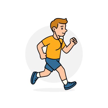 Mutlu çocuk sabah koşusu yapıyor, sarı tişört giyiyor, mavi şort giyiyor ve müzik listesi dinliyor.