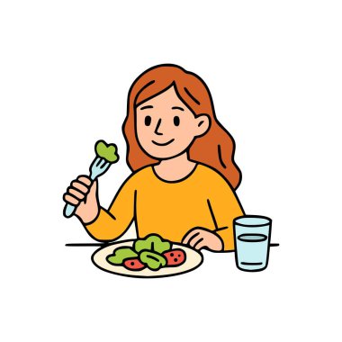 Sarı tişörtlü, çatal tutan ve tabaktan sebze yiyen kızıl saçlı bir kızla sağlıklı beslenme konsepti.