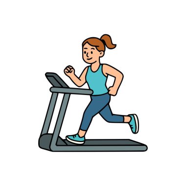 Mavi kıyafetli kadın karakter modern koşu bandında koşuyor, çizgi film stili spor salonu konsepti.