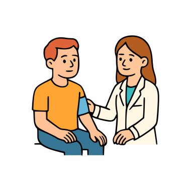 Kadın doktor, rutin sağlık muayenesinde kızıl saçlı adamın kan basıncını ölçüyor. Çizgi film tarzı vektör çizimi.