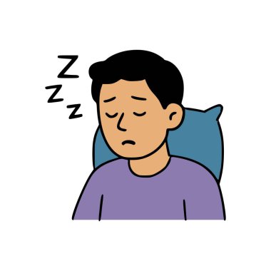 Kafasının üstünde Z işareti ve sakin yüz ifadesi olan uyuyan bir erkek karakterin çizgi film çizimi