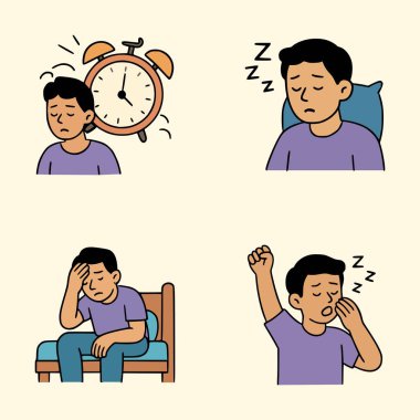 Mor gömlekli adam uyku döngüsünden geçiyor. Esneyip dinlenmekten sersemlemiş olarak uyanmaya kadar.