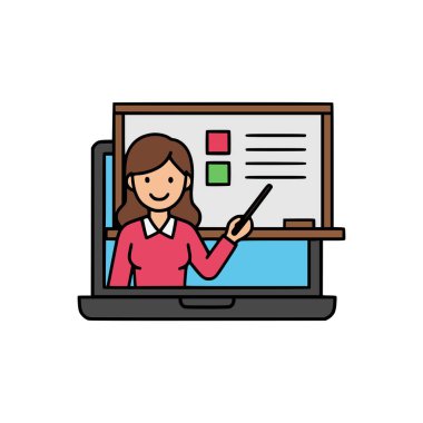 Eðitim grafikli, eðitim, eðitim, evde eðitim veya dijital eðitim platformu için ideal dizüstü bilgisayardan ders yöneten öðretmen