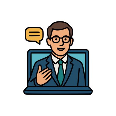 Profesyonel erkek sunucu düz çizgi film modern tarzda dizüstü bilgisayar kullanarak sanal sunum veya webinar veriyor