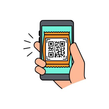 Aperatif ambalajında barkodu gösteren akıllı telefon ekranı dijital alışveriş ve yiyecek izleme konseptiyle elle tarandı.