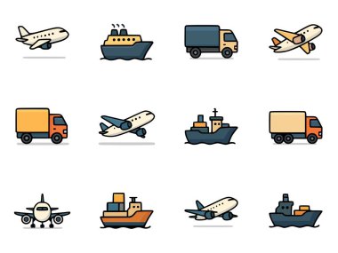 Hava, deniz ve kara taşımacılığı vektör simgeleri, nakliye ve seyahat kavramları için uçak, kargo gemisi ve nakliye kamyonlarını gösterir.