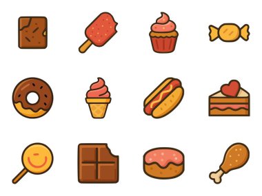 Tatlılar, tatlılar, fast food, dondurma, hamur işleri ve şeker içeren bir dizi tatlı çizgi film ikonu.