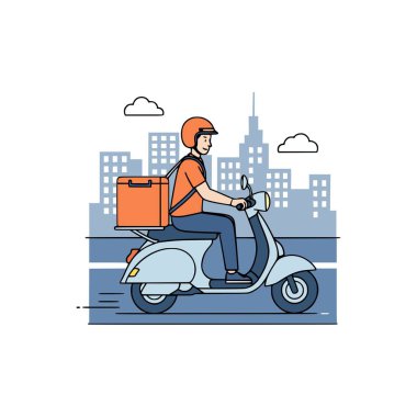 Odaklanmış dağıtım sürücüsü, turuncu izole gıda kutusu taşıyan mavi bir scooter kullanıyor.