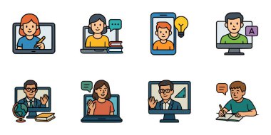 Öğrencilerin ve öğretmenlerin online öğrenme platformları aracılığıyla kitap ve aygıtlarla etkileşimini gösteren karikatür simgeleri koleksiyonu