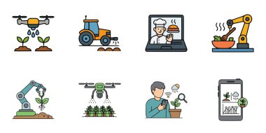 Gelişmiş tarım araçlarını, akıllı bitki bakım sistemlerini ve otomatik pişirme yeniliklerini gösteren düz stil illüstrasyonlar koleksiyonu
