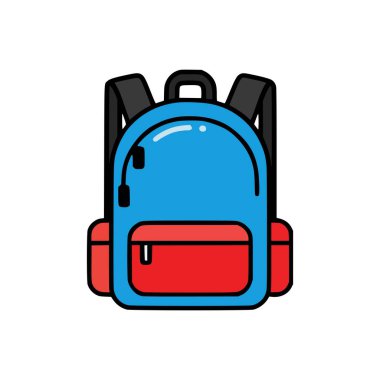 Kırmızı ön cepli renkli mavi sırt çantası illüstrasyonu, yan depolama, ve beyaz arka planda dayanıklı siyah omuz kayışları