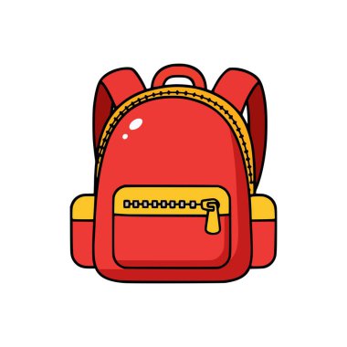 Ön cepli kırmızı ve sarı fermuarlı sırt çantası ve temiz vektör illüstrasyonunda yastıklı kayışlar.