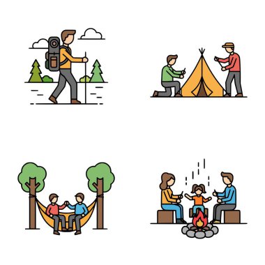 Yürüyüş yapan, çadır kuran, hamakta dinlenen ve kamp ateşinin yanında oturan insanların renkli vektör çizimleri.