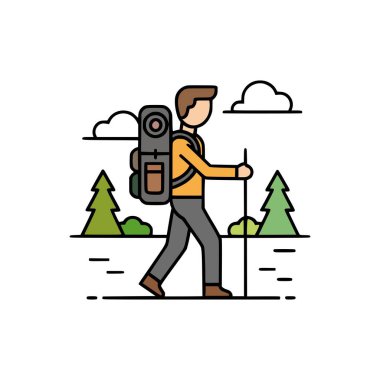 Büyük sırt çantalı ve bastonlu gezginlerin minimum stil vektörü dağlar ve ağaçlarla doğal ortamda yürüyüş yapıyor.