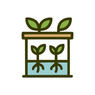 Tohumları, yeşil yaprakları ve kökleri besin çözeltisine batırılmış hidroponik tarım sisteminin basit çizgi film tasarımı.