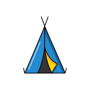 Kamp ve açık hava macera aktiviteleri için sarı iç kanadı olan küçük mavi çadırın çizgi film tasviri