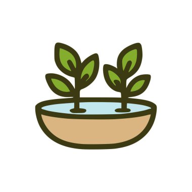 Sürdürülebilir organik büyüme için hidroponik konteynırda yetiştirilmiş iki küçük bitkiye sahip çevre dostu tarım vektörü tasarımı